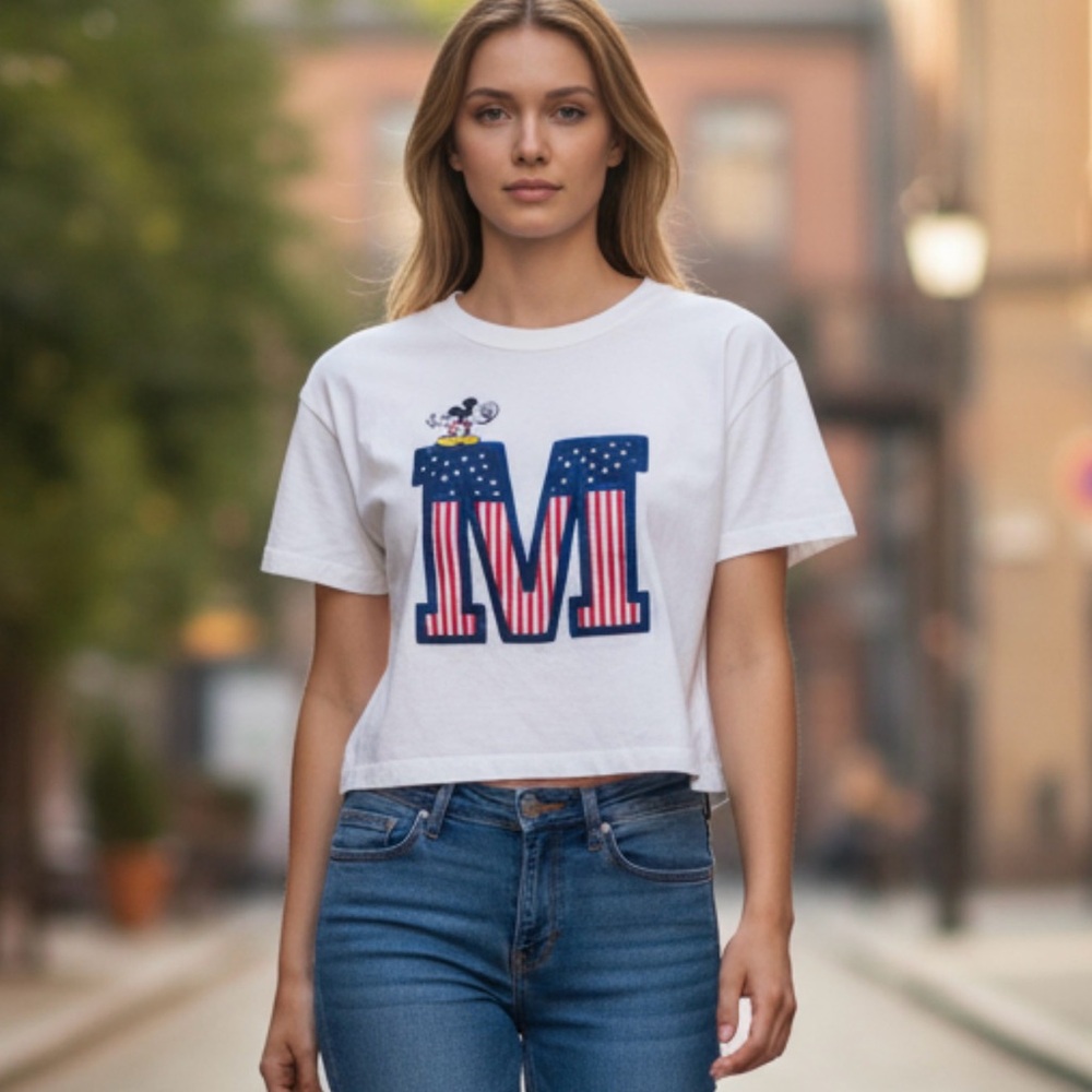 Vintage Mickey & Co. Crop Tee American Flag Letter M Top White Size M